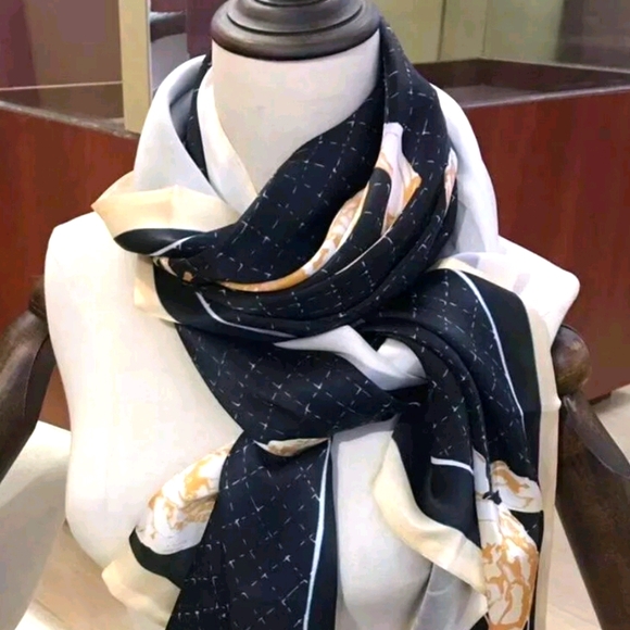 AUTHENTIC BLACK CHANEL LONG SILK SCARF - Picture 1 of 9